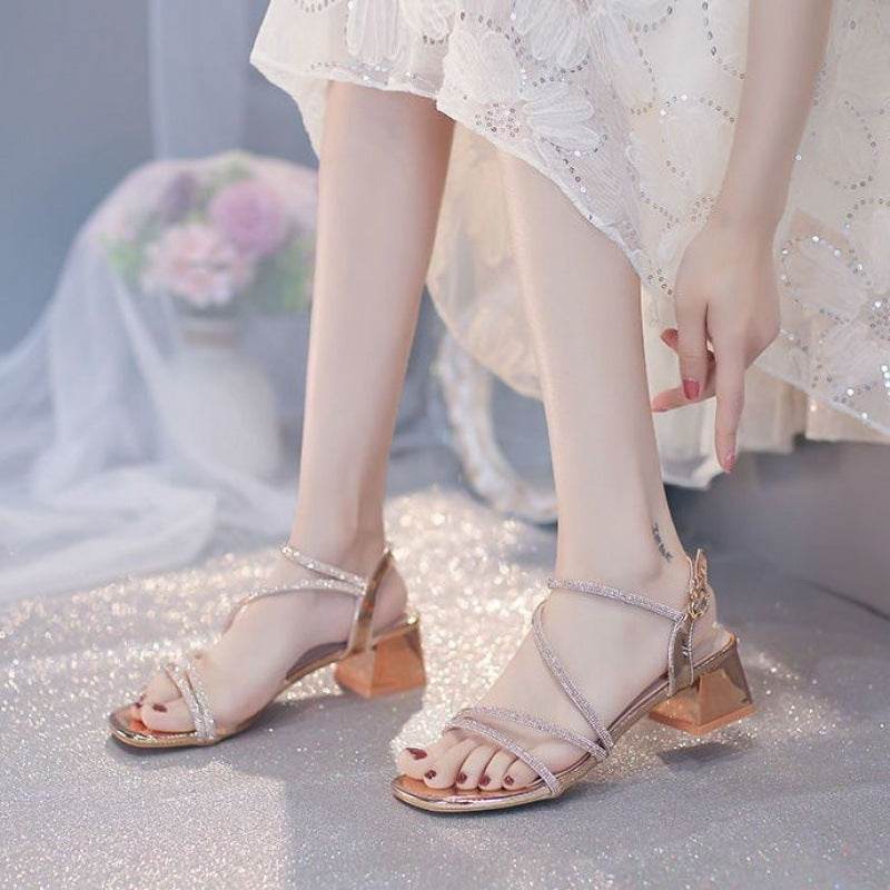 Women's Chunky Heel Sandals - Stylish Ankle Buckle Design in Beige & Gold - Buy Center