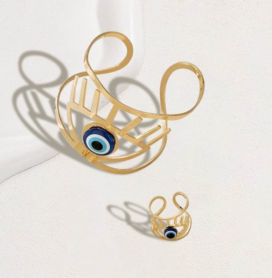 Buycenter 14K Gold Plated Bangle & Adjustable Ring Set - Golden Eye Charm - Buy Center