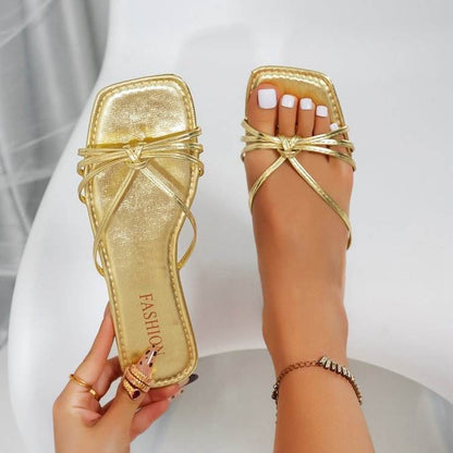 Women's Square Toe Slippers - Thin Strap, Rubber Sole Comfort in Gold - Buy Center