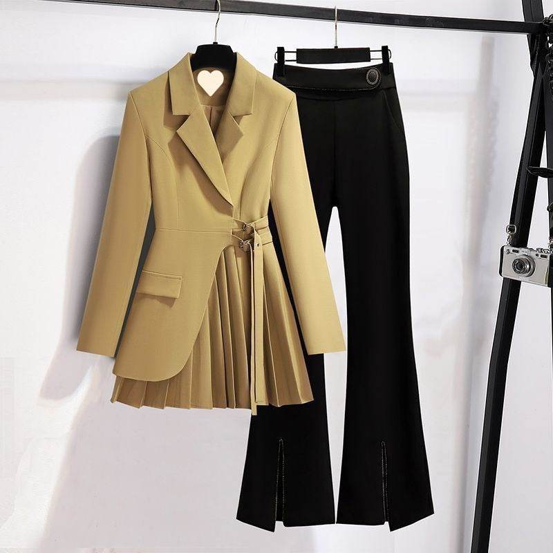 Graceful Khaki Suit Jacket & Black Pants Set - Trendy Women’s Fashion - Buy Center