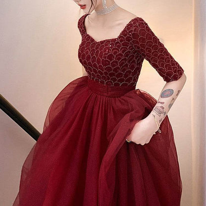 Buycenter Wine Red Long Sleeve Evening Dress - Elegant Back Door Style - Buy Center