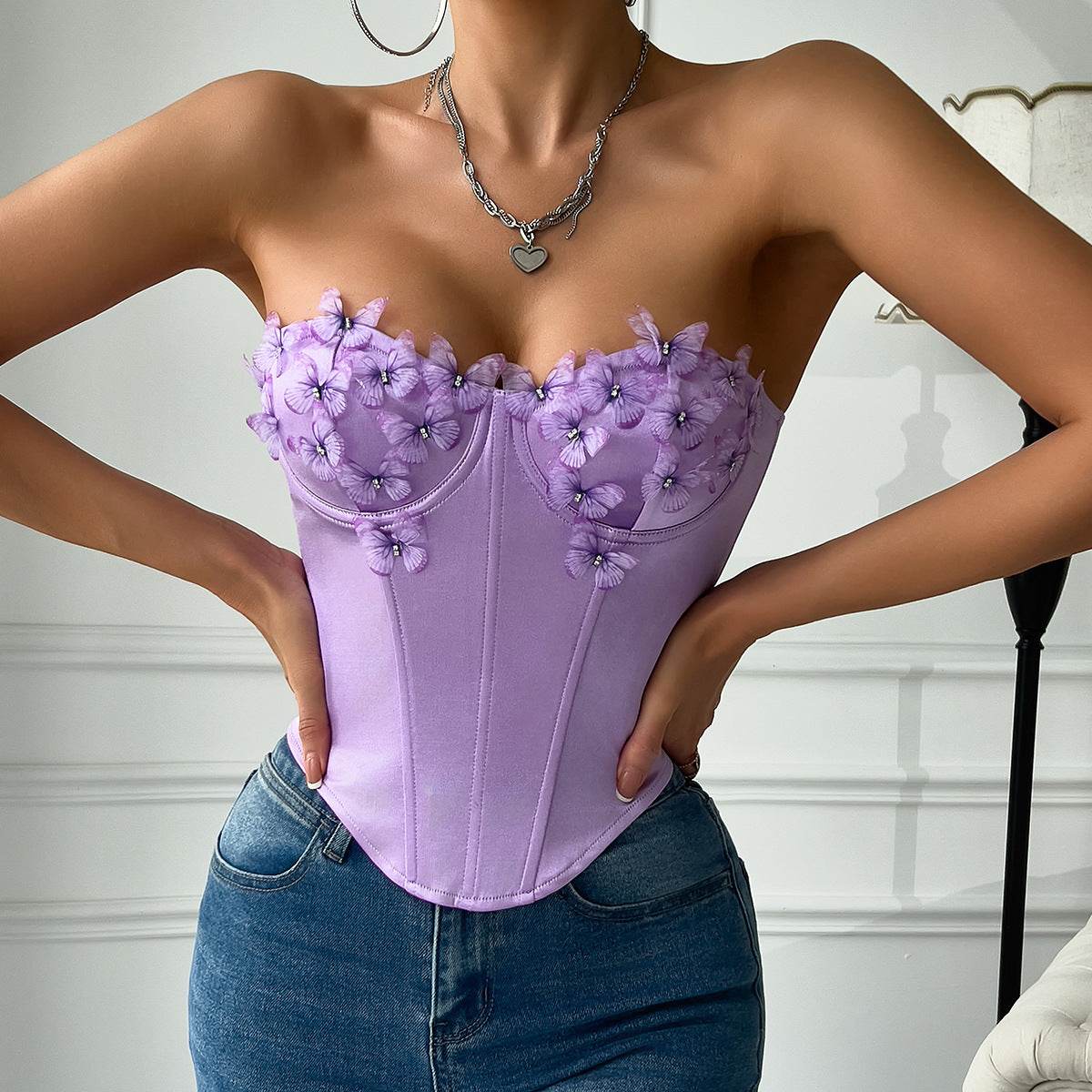 Sexy Satin Butterfly Tube Top - Strapless Abstract Purple Camisole - Buy Center