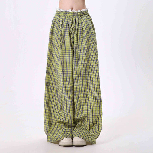 Women's Casual Wide Leg Pants - Lace Stitching Plaid Design in Blue & Yellow - Buy Center
