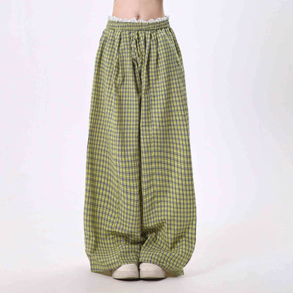 Women's Casual Wide Leg Pants - Lace Stitching Plaid Design in Blue & Yellow - Buy Center