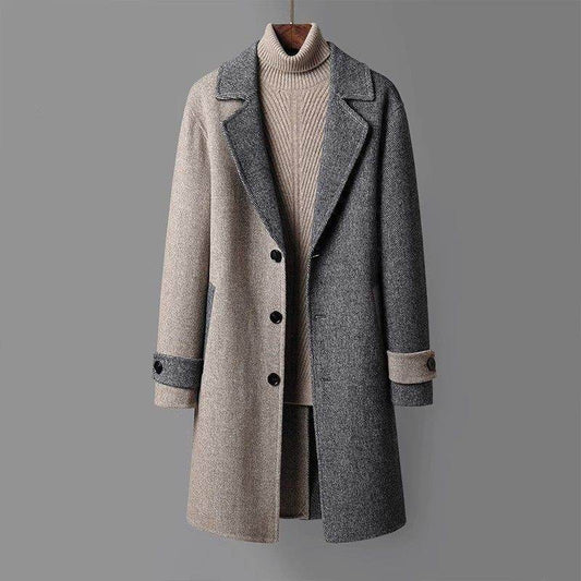 Men's Korean Style Mid-Length Woolen Coat - Loose Fit in Gray & Camel - Buy Center