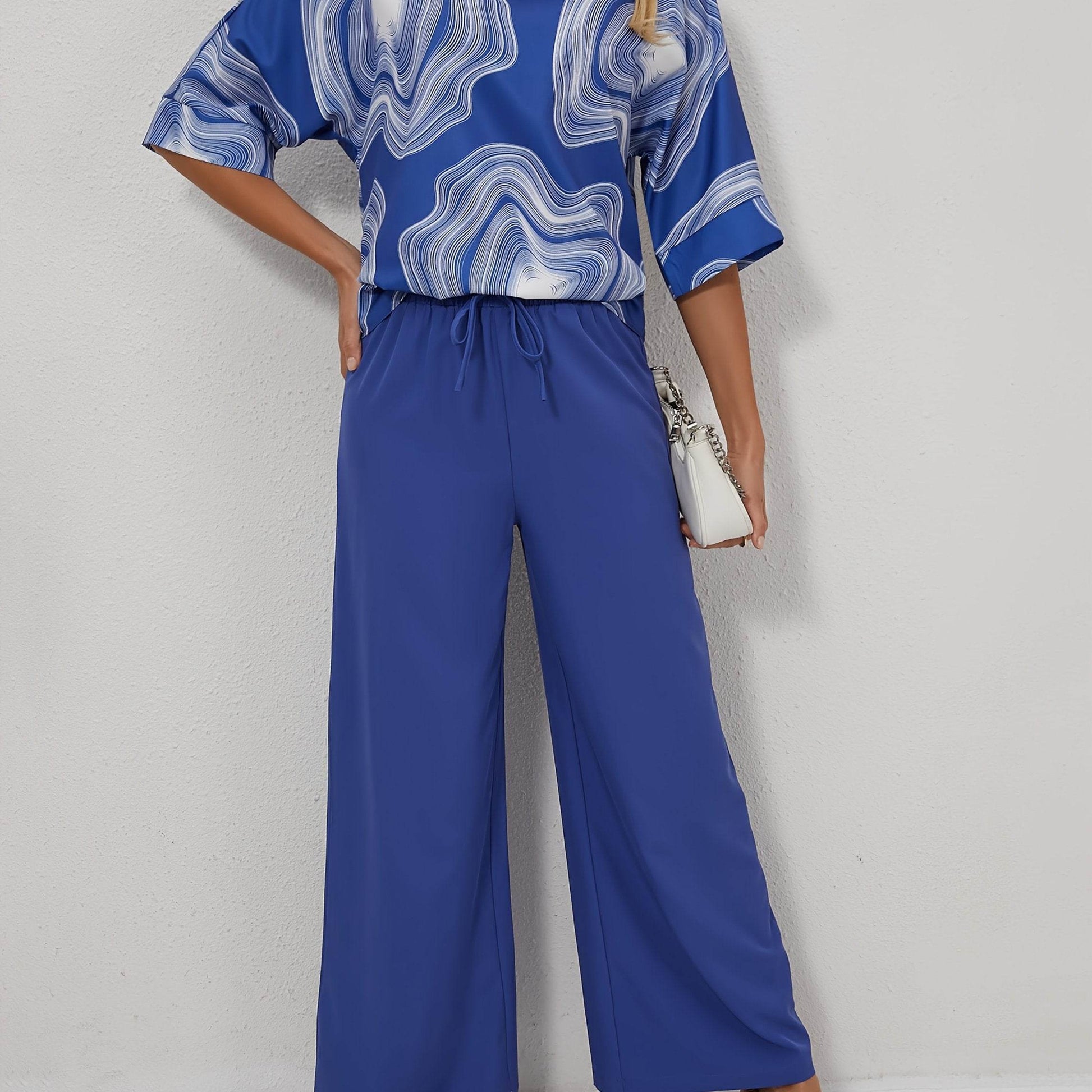 Elegant V-Neck Geometric Pantsuit - 100% Polyester for Spring/Fall - Buy Center