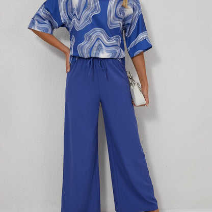 Elegant V-Neck Geometric Pantsuit - 100% Polyester for Spring/Fall - Buy Center