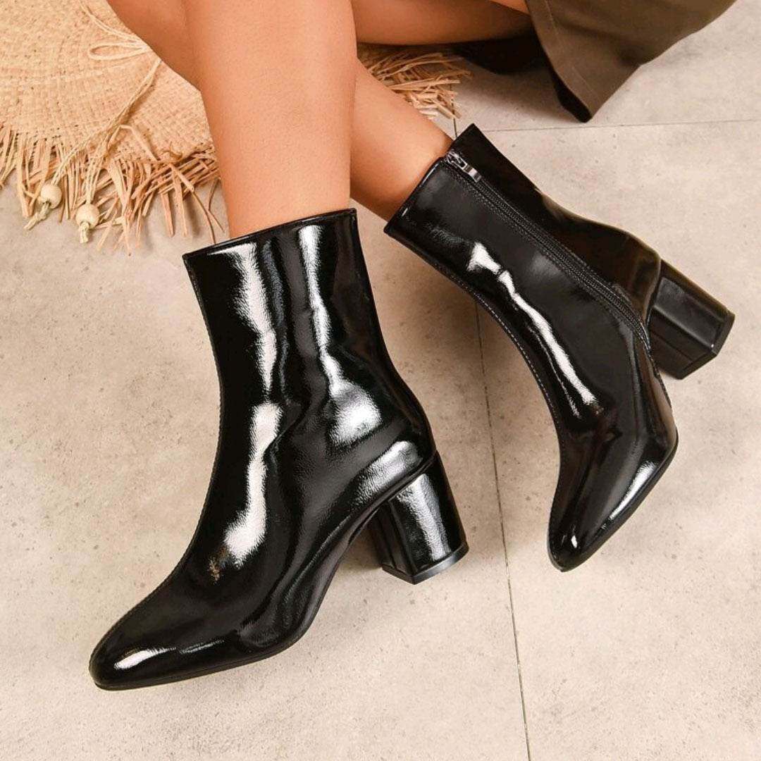 Women's High Heel Boots - Stylish Chunky Square Toe, Side Zipper Design - Buy Center