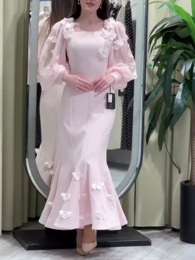 Buycenter Elegant Flower Embellished Long Sleeve Fishtail Maxi Dress - Buy Center