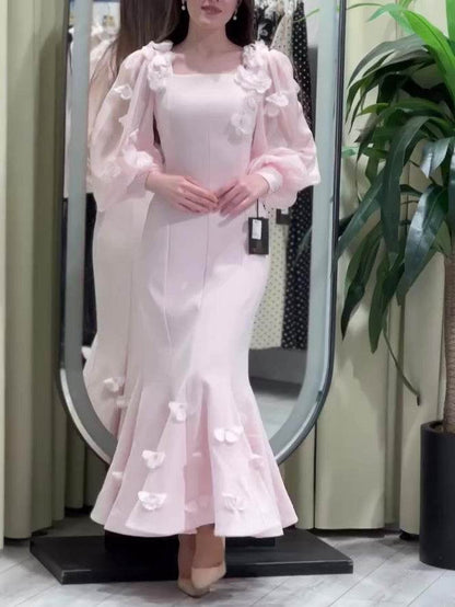 Buycenter Elegant Flower Embellished Long Sleeve Fishtail Maxi Dress - Buy Center