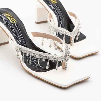 Trendy Square Toe Chunky Heel Sandals for Women - Rhinestone Accents - Buy Center