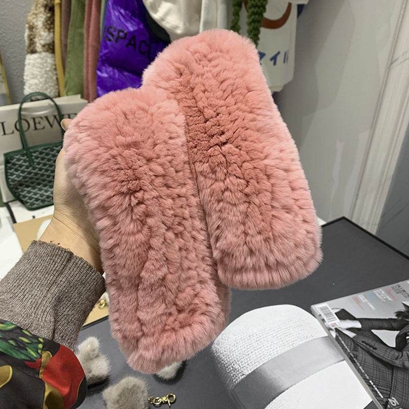 Sweet Warm Rex Rabbit Fur Gloves - Cozy Half Finger Design for Winter - Buy Center