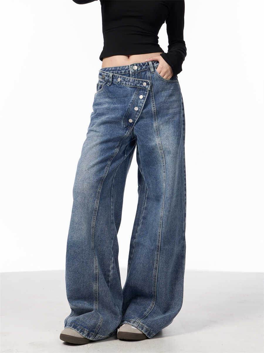 Irregular Breasted Blue Wide Leg Jeans - Trendy Loose Fit for Women - Buy Center
