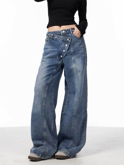 Irregular Breasted Blue Wide Leg Jeans - Trendy Loose Fit for Women - Buy Center