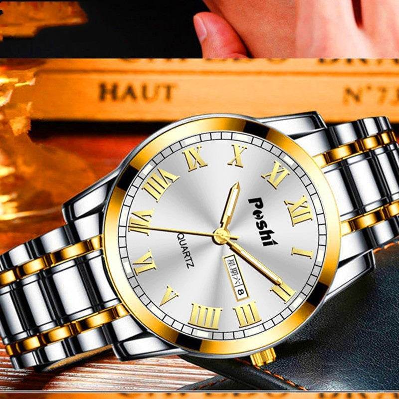 Men's Steel Band Quartz Watch - Luminous, Waterproof, Double Calendar - Buy Center