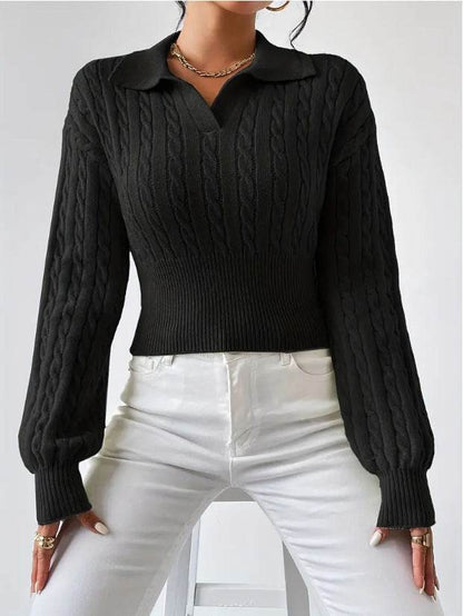 Women's V-Neck Solid Color Sweater - Cozy Loose Fit in Light Green & Black - Buy Center