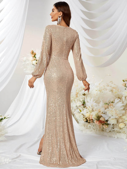 Sequined V-Neck Fishtail Evening Dress - High Slit & Long Sleeve Options - Buy Center