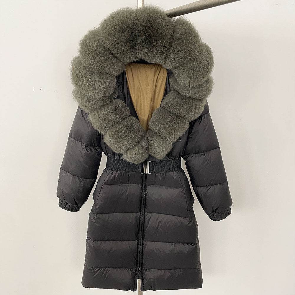 Women's Long Hoodie Coat - Real Fox Fur Collar, Padded Warmth 2025 - Buy Center