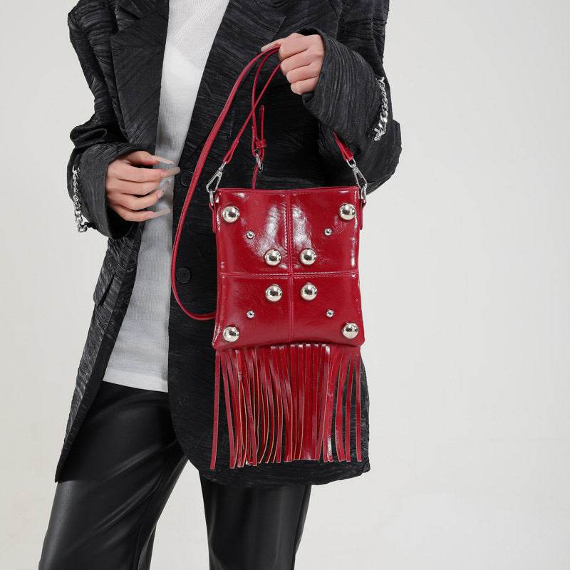 Buycenter Studded Shoulder Tassel Crossbody Bag - Trendy Bucket Style - Buy Center