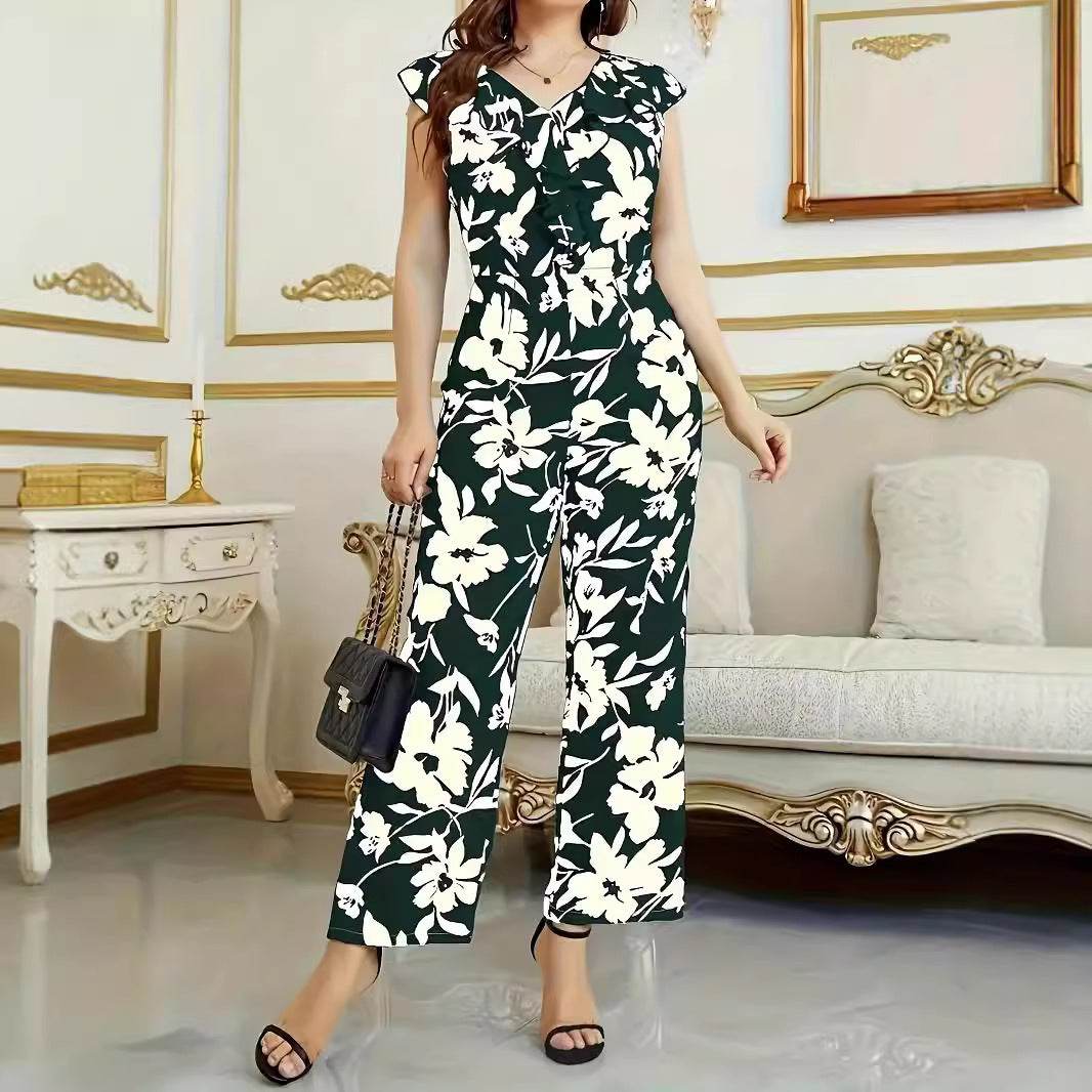 Women's Floral Printed Jumpsuit - Sleeveless V-Neck with Pockets - Buy Center