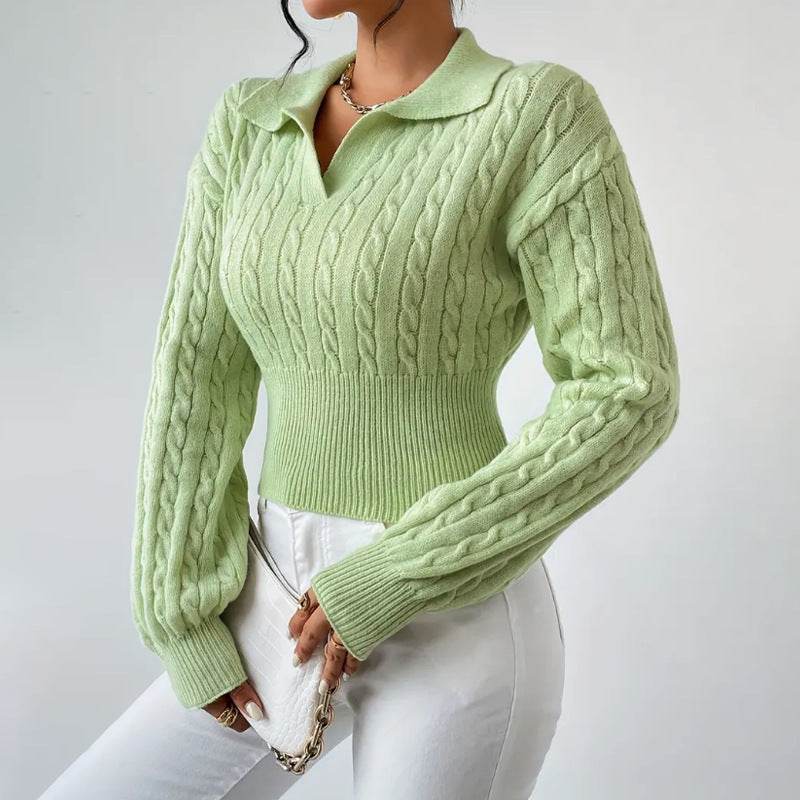 Women's V-Neck Solid Color Sweater - Cozy Loose Fit in Light Green & Black - Buy Center