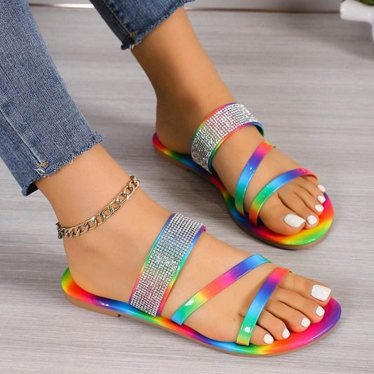 Buycenter Rhinestone Flat Slippers - Round Toe, Lightweight Casual Style - Buy Center