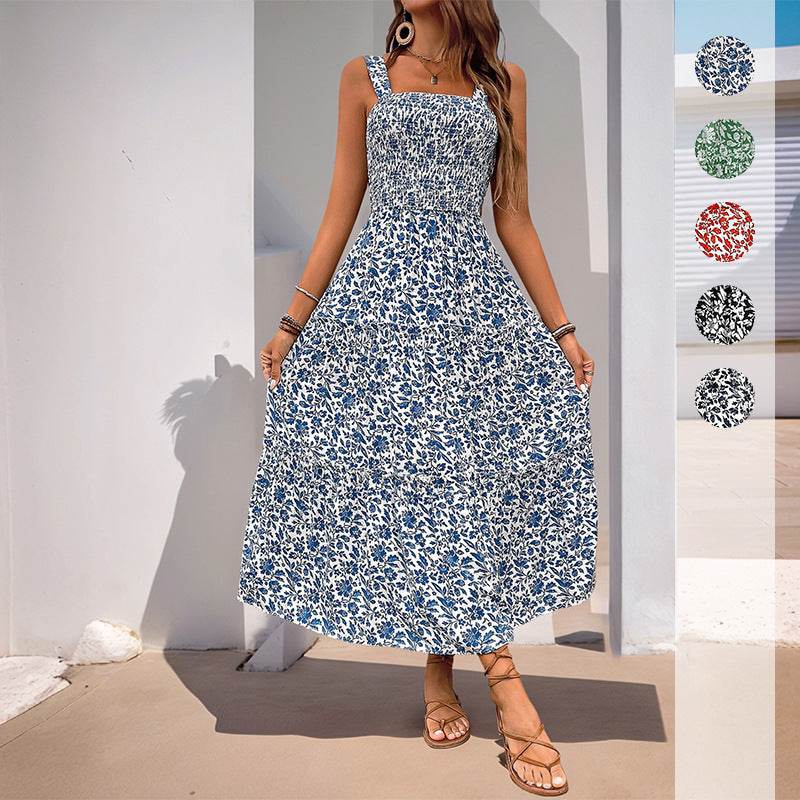 Buycenter Mid-Length Sleeveless Dress - Elegant Elastic Waist Floral Print - Buy Center