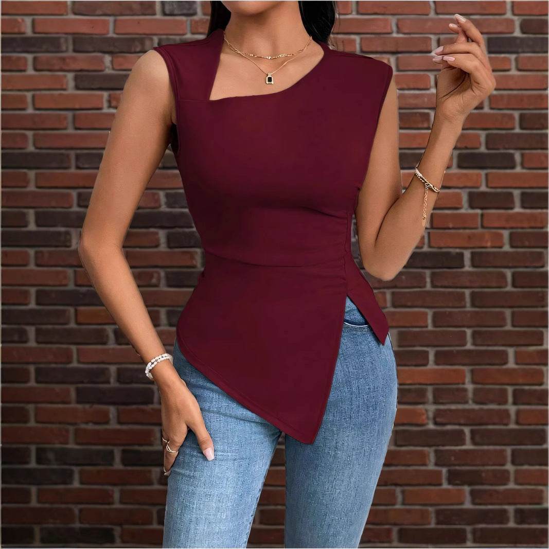 Buycenter Women's Irregular Sleeveless T-shirt - Diagonal Collar Style - Buy Center