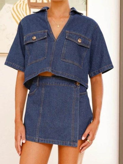 Women's V-Neck Denim Suit - Irregular Short Sleeve Top & Skirt Set - Buy Center