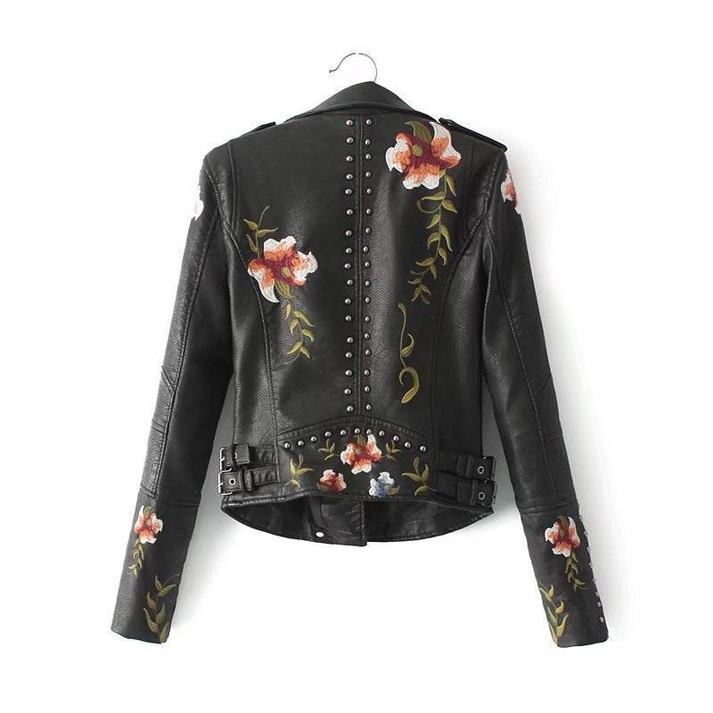 Buycenter Fashion Rivet Flower Embroidered PU Leather Jacket - Stylish & Trendy - Buy Center