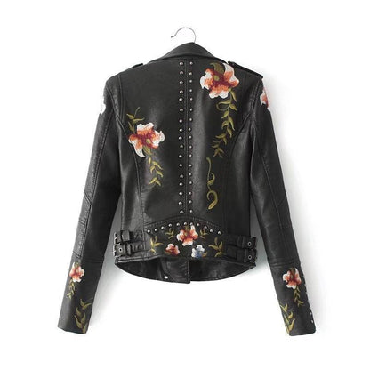 Buycenter Fashion Rivet Flower Embroidered PU Leather Jacket - Stylish & Trendy - Buy Center