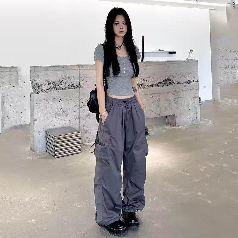 Casual High Waist Wide Leg Cargo Pants - Stylish in Red, Black, Gray - Buy Center