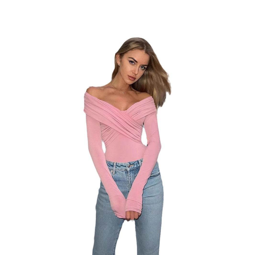 Buycenter Fashion Off-Shoulder V-Neck Slim-Fit Long Sleeve Top - Buy Center