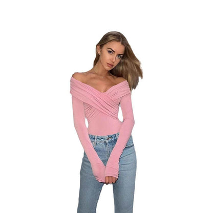 Buycenter Fashion Off-Shoulder V-Neck Slim-Fit Long Sleeve Top - Buy Center