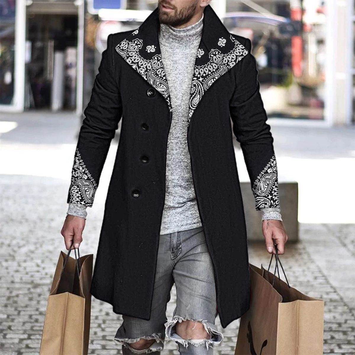Stylish 3D Digital Printing Men's Woolen Trench Coat - Premium Fashion 2025 - Buy Center