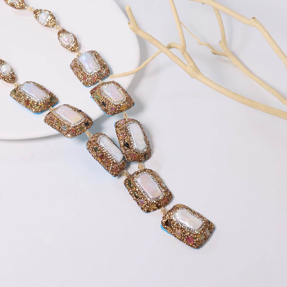 Elegant Tourmaline Pearl Necklace - Adjustable Titanium Chain, Trendy Style - Buy Center