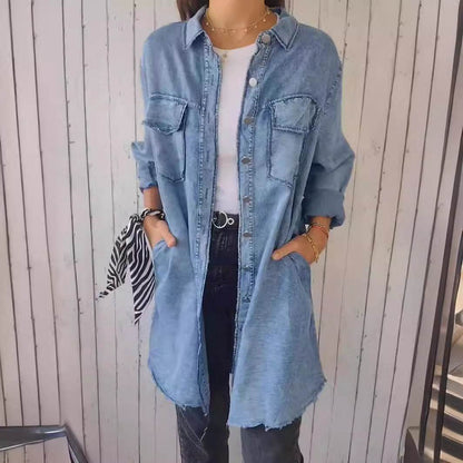 Buycenter Jean-like Casual Long Shirt Coat - Cotton & Linen for Women - Buy Center