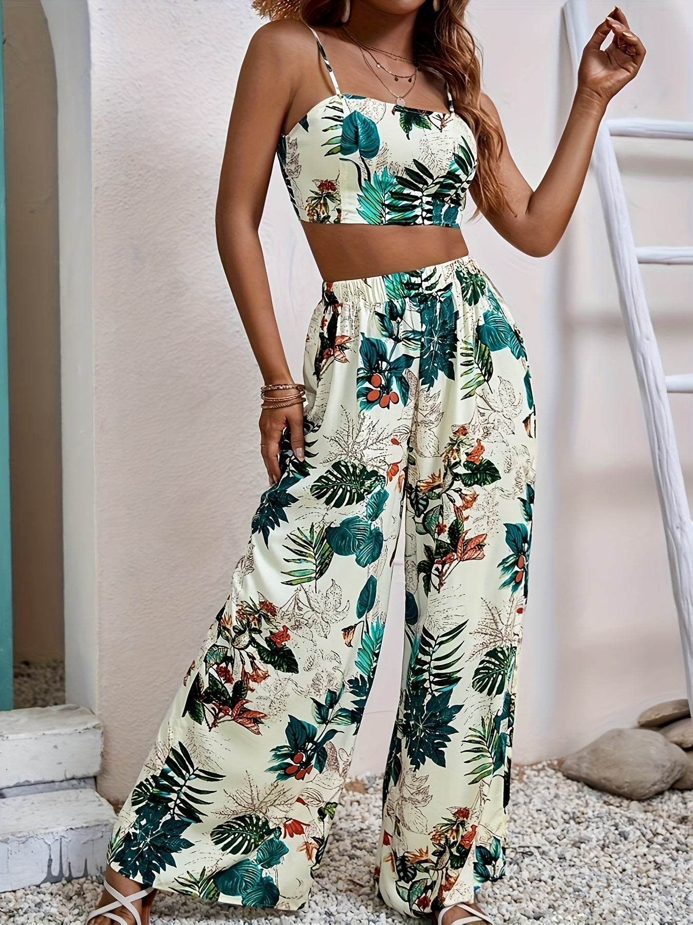 Tropical Print Camisole Set - Elegant Wide-Leg Pants for Summer - Buy Center