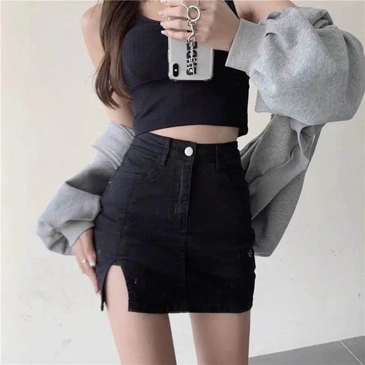Buycenter Black Denim Skirt for Women - Trendy Splicing Design, Spring Fashion - Buy Center