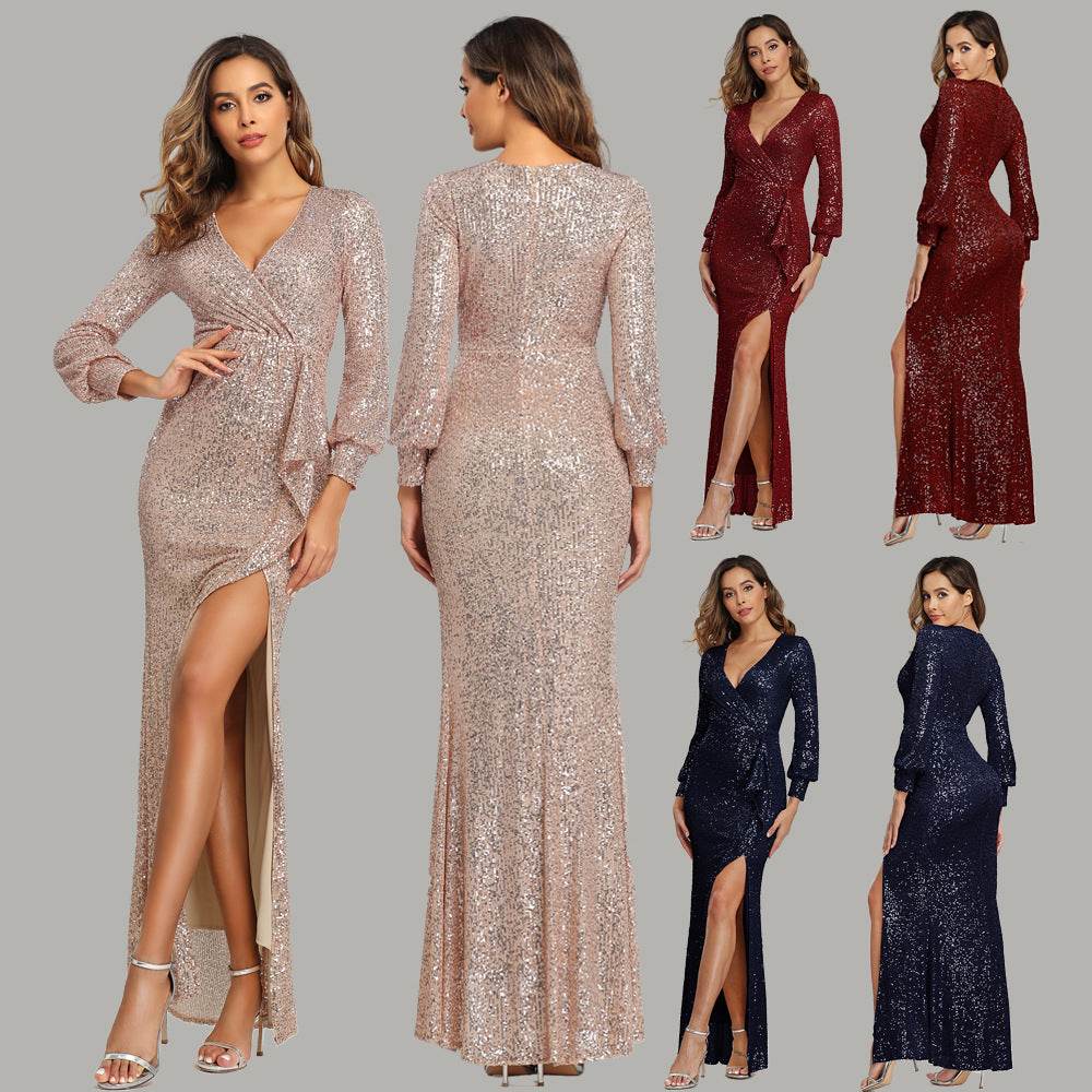 Buycenter Sexy High Slit Evening Dress - Long Sleeve Sequined Style - Buy Center