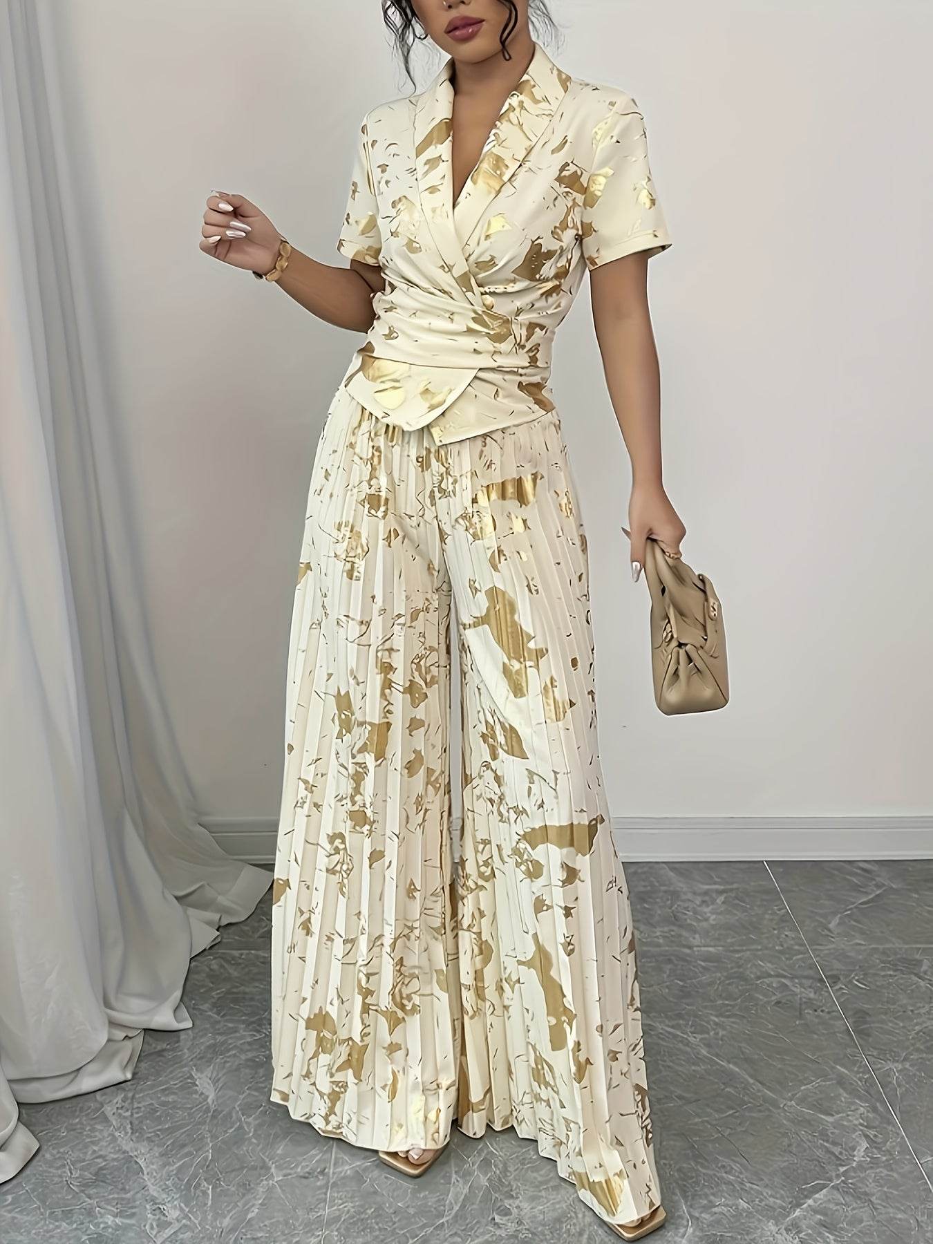 Elegant Golden-Print Two-Piece Set - Chic V-Neck Ruffle Blouse - Buy Center