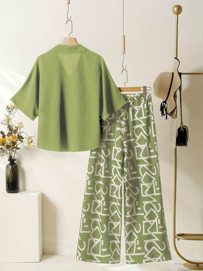 Elegant Women's Commuter Set - Batwing Sleeve V-Neck Top & Pants - Buy Center