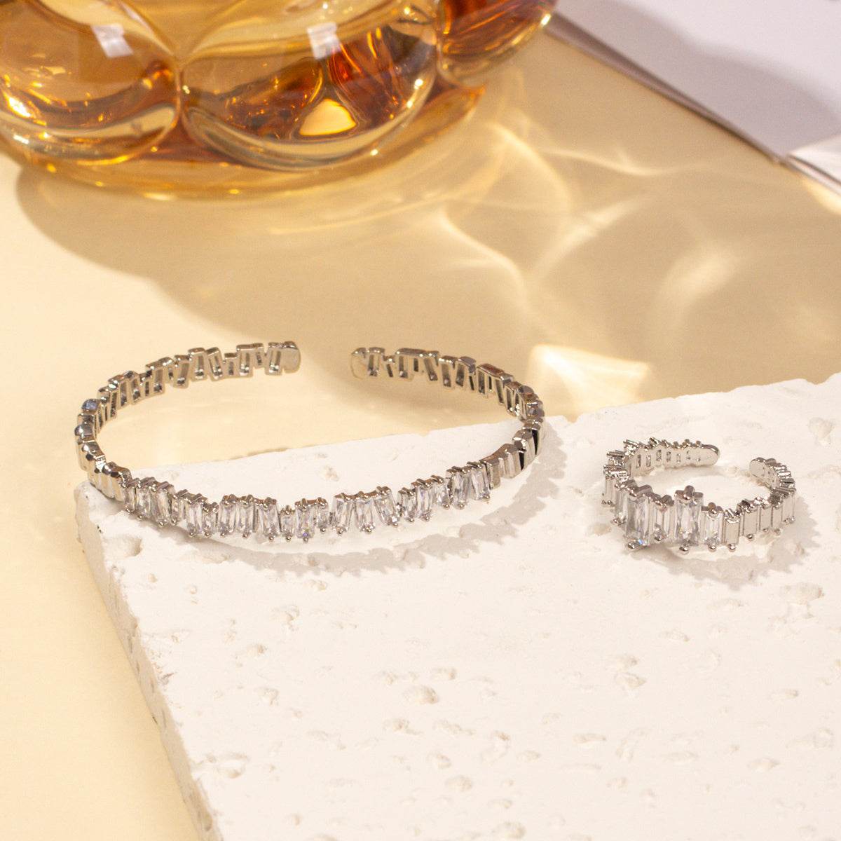 Fashionable Women's Bracelet & Ring Set - Irregular Cubic Zirconia Design - Buy Center