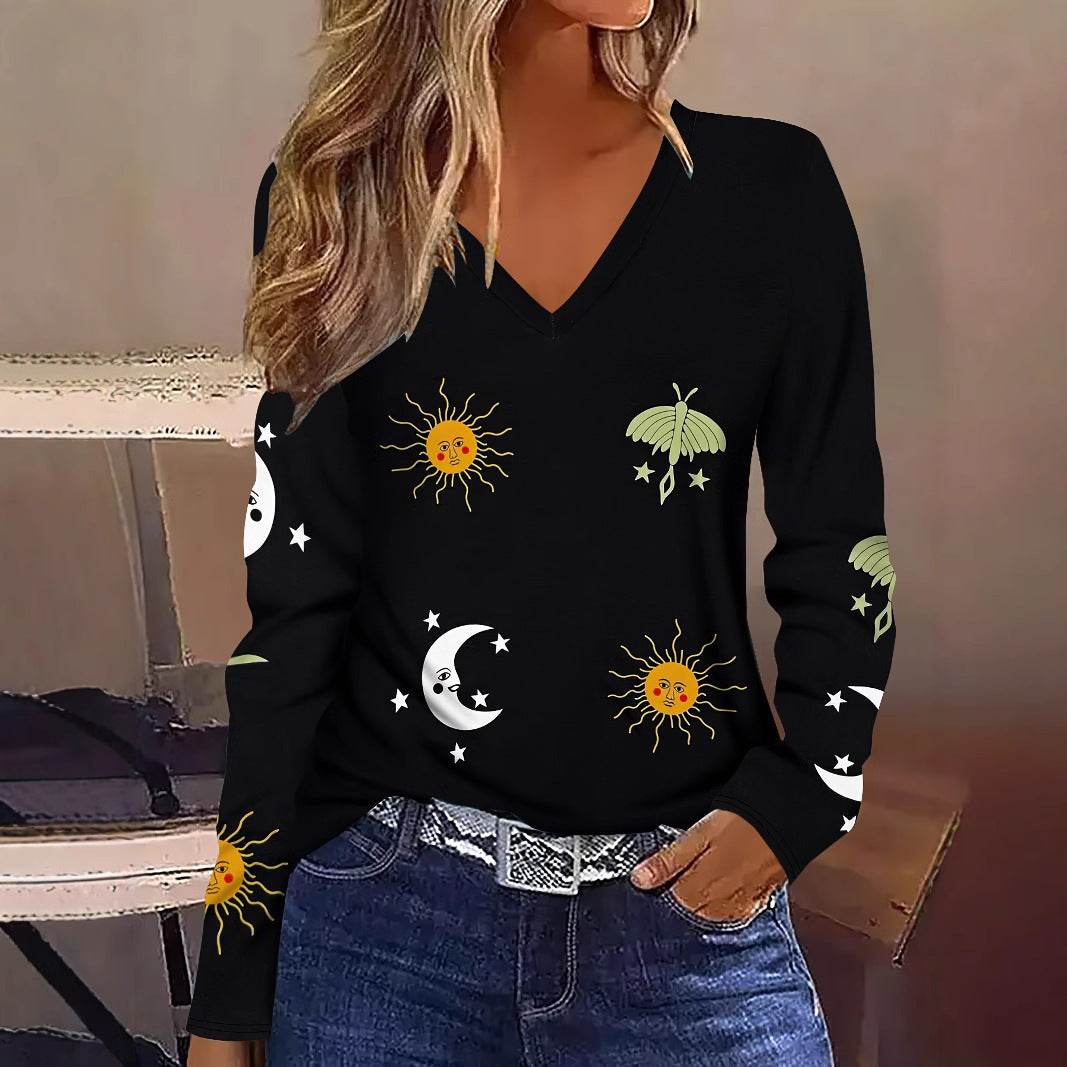 Buycenter Sun Moon Star Graphic V-neck T-shirt - Breathable Long Sleeve Blouse - Buy Center