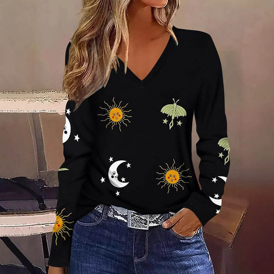 Buycenter Sun Moon Star Graphic V-neck T-shirt - Breathable Long Sleeve Blouse - Buy Center