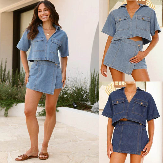 Women's V-Neck Denim Suit - Irregular Short Sleeve Top & Skirt Set - Buy Center