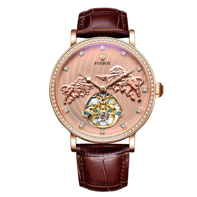 Men's Diamond Mechanical Watch - Waterproof 43mm Dial, Stylish Leather Strap - Buy Center