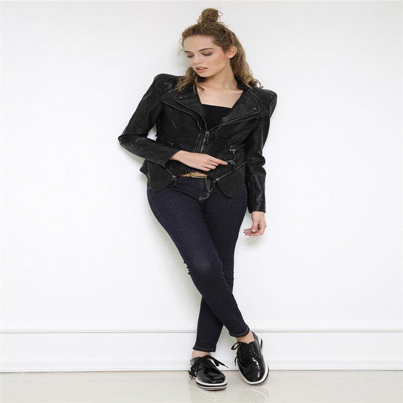 Buycenter Slim Leather Jacket - Punk Style, Zipper Closure, Long Sleeve - Buy Center