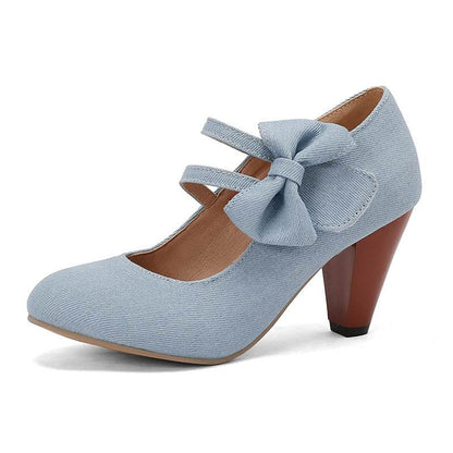 Buycenter Round Toe High Heels Pumps - Stylish Denim Bow Design - Buy Center
