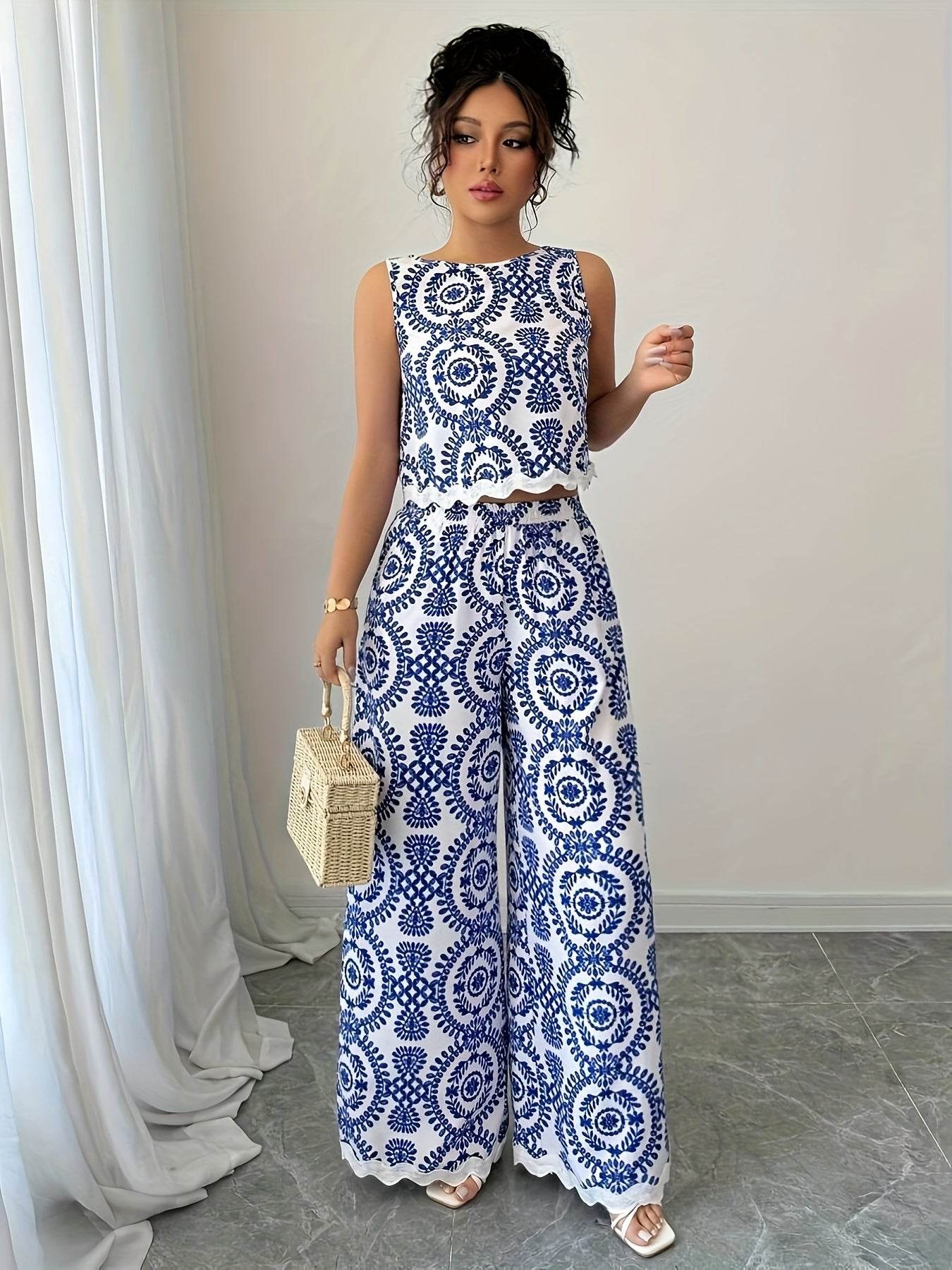 Elegant Women's 2pcs Set - Plant Pattern Top & Pants for All Seasons - Buy Center